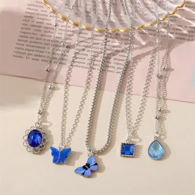 Crystal Butterfly Pendant Hollow Heart Choker Necklace Set